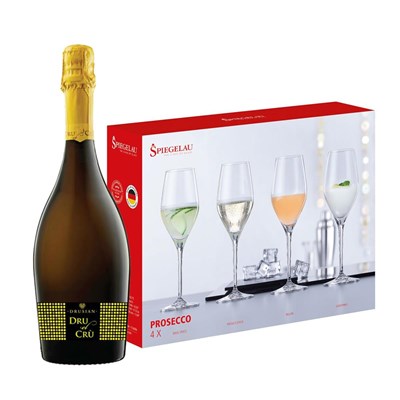Drusian Spumante Dru el Cru Prosecco With A Set Of 4 Spiegelau Prosecco Glasses